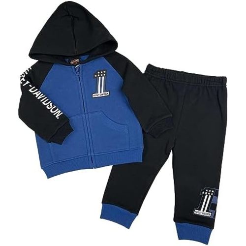 Harley-Davidson Baby Boys' 2-Piece Fleece Hooded Newborn Jog Set - Blue & Black
