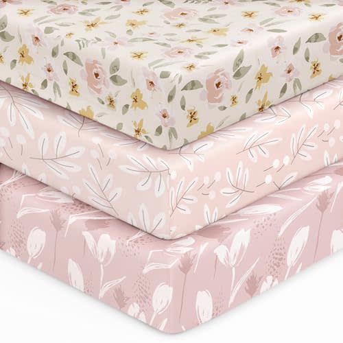 Unnivoll Baby Crib Sheets for Boys Girls, 28x52x8in Fitted Crib Sheet Neutral 3 Pack for Standard Crib and Toddler Mattress, Breathable Soft Microfiber Baby Sheet Pink Flowers & Leaf