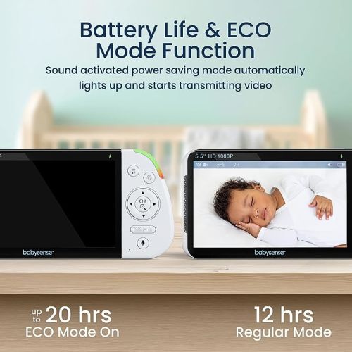 Babysense 5.5” 1080p Full HD Split Screen Baby Monitor, Video Baby Monitor with Camera and Audio, PTZ Camera, RGB Night Light, 1000ft Range, Two-Way Audio, 4X Zoom, 5000mAh Battery