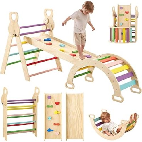 7 in 1 Pikler Triangle Set, Wooden Montessori Climbing Set, Foldable Toddler Baby Climbing Toys, Baby Climber Indoor Playground Jungle Gym for Toddlers Montessori Toys-Rainbow