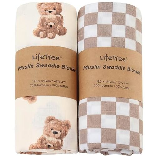 LifeTree Muslin Swaddle Blankets, Baby Swaddling Wrap Nursery Blanket Unisex, Soft 70% Viscose from Bamboo and 30% Cotton, Large 47 x 47 inches, Bear & Checkered Swaddle Blanket