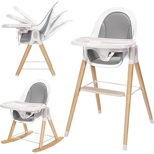 Baby High Chair, 7-in-1 Grow with Family Convertible Wooden High Chair for Babies and Toddlers, Rocking Chair, Reclining Seat, Easy to Clean Compact High Chair Removable Cushion and Double Tray
