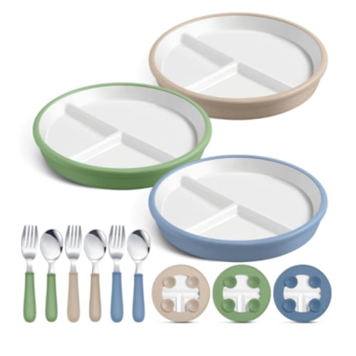 3 Pack 8" Large Porcelain Toddler Plates Feeding Set, Ceramic Kids Suction Plates with Anti Slip Silicone Sleeve for Baby 3 Spoons and Forks Divided Kids (Blue,Green,Beige)