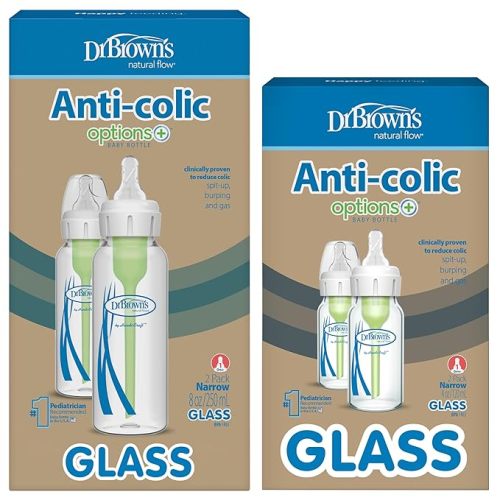 Dr. Brown's Natural Flow Anti-Colic Options+ Narrow Glass Baby Bottles, Made in The USA, BPA Free, 8oz and 4oz, 0m+, 4-Pack