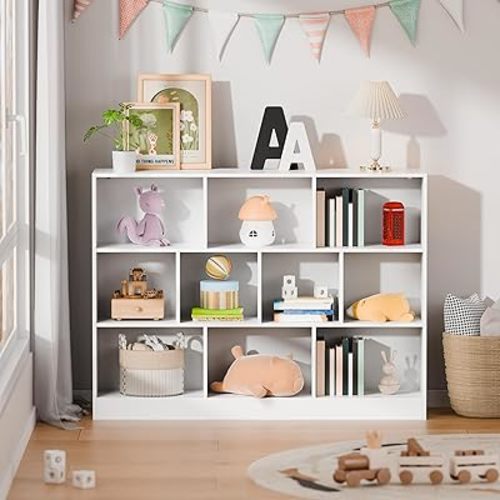 Cozy Castle White Bookshelf, 3-Tier Open Shelf Bookcase, 10 Cube Storage Organizer with Anti-Tilt Device, Freestanding Horizontal Bookshelf Cube Shelf for Bedroom, Living Room
