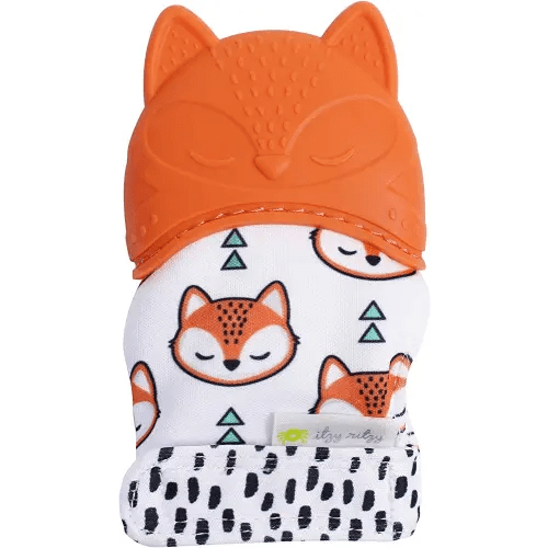 Itzy Ritzy Silicone Teething Mitt - Soothing Infant Teething Mitten with Adjustable Strap, Crinkle Sound & Textured Silicone to Soothe Sore & Swollen Gums - Baby Teething Toy For 3 Mos & Up, Fox