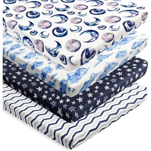 4 Pack Fitted Pack N Play Sheets for Baby Boys Neutral Unisex Breathable Soft Toddler Mini Crib Sheets for Pack and Play Mattress (Sky)