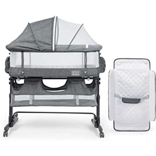 4 in 1 Baby Bassinet, Upgraded Nursery center w/ Diaper Changer, 360° Highly Visible Mesh wall, Comfy Newborn Bassinet with 5 Level Adjustable Height, Portable Baby Travel Crib for baby, Grey
