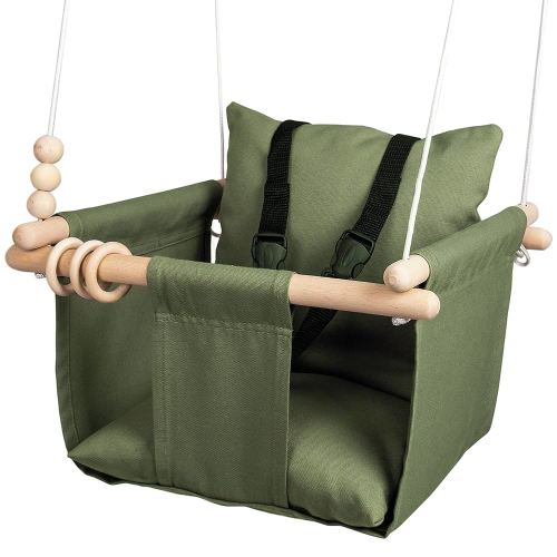 Indoor Outdoor Baby Swing with 3-Point Harness and Hardware for Ceiling, Porch, Doorway, Canvas Baby Swing Outdoor, Toddler Swing Seat (Green)