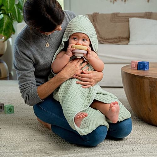 Comfy Cubs 2 Pack Baby Hooded 9 Layer Muslin Cotton Towel for Kids, Large 32” x 32”, Ultra Soft, Warm, and Absorbent. Baby Essentials Bath Towels, Cute Unisex Cover for Girls and Boys (2 Pack, Sage)