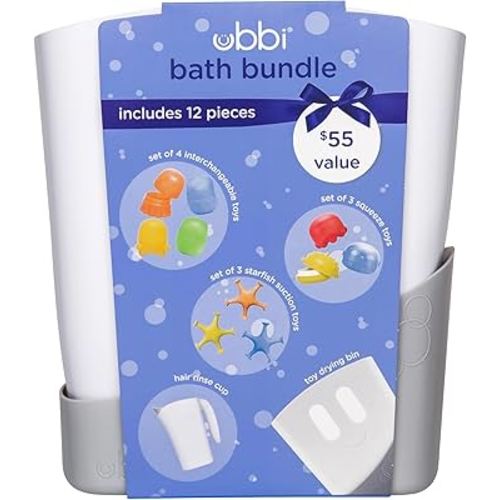 Ubbi Bath Toy & Drying Bin Bundle, Includes 10 Bath Toys, 1 Hair Rinse Cup and 1 Gray Toy Drying Bin, Infant and Toddler Bathtub Accessories