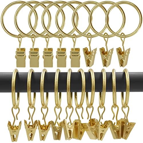 LLPJS 100 Pack Curtain Rings with Clips, Curtain Clip Rings Hooks, Bow Hanger Clips for Hanging Drapery Drapes Bows, Ring 1.26 inch Interior Diameter, Fits up to 1" Rod, Gold