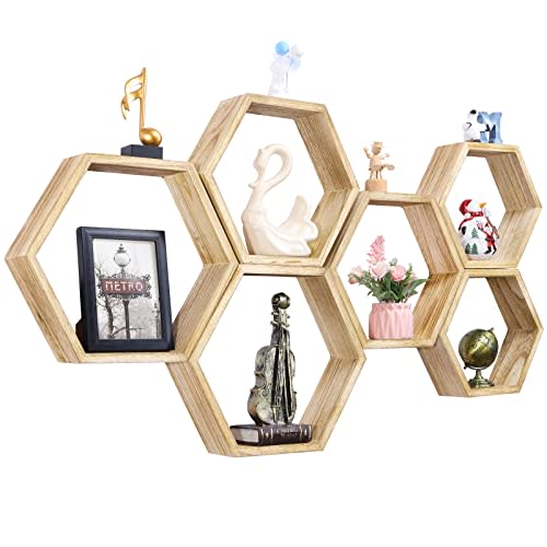 NOVIMANGO Hexagonal Floating Shelves Wall Mounted Set of 6 Wooden Hexagon Shelves Farmhouse Storage Honeycomb Shelves Hexagon Hanging Shelves Rustic Geometric Shelf for Nursery Bedroom Living Room