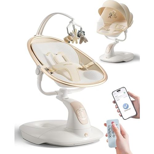 Baby Swing for Infants to Toddler, Electric Baby Swing with Sturdy Shield-Shaped Base, 180° Rotation Portable Infant Swing with 5 Speeds & 12 Lullabies for Newborn Baby Boy Girl Up to 20 lbs, White