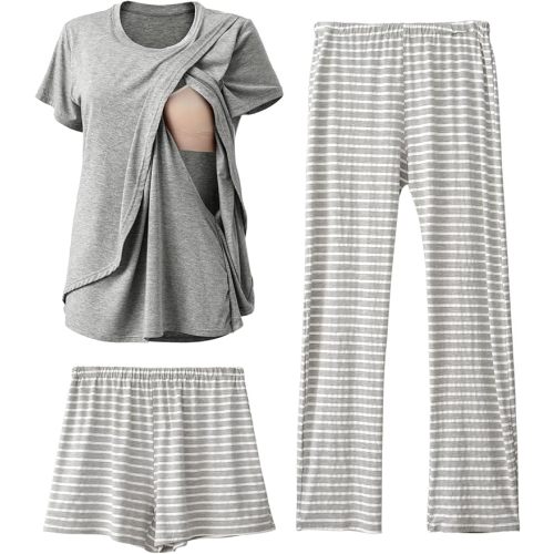 Rnxrbb 3 Piece Postpartum Nursing Pajamas Set Casual Soft Maternity Breastfeeding Pjs Sleepwear Loungewear Clothes Layer