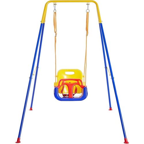 FUNLIO 3-in-1 Toddler Swing Set with 4 Sandbags, Indoor/Outdoor Baby Swing with Foldable Metal Stand, Kids Swing Set for Backyard, Clear Instructions, Easy to Assemble & Store