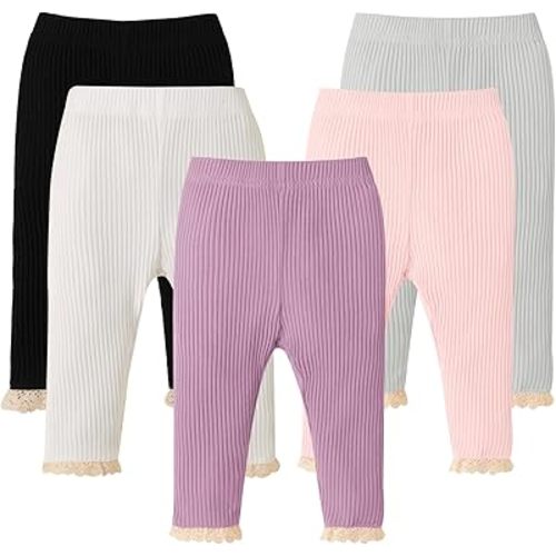 DREAM BUS 5 Pack Baby Girl Pants Toddler Girl Solid Ribbed Pants with Lace Trim Newborn Cotton Leggings Infant Jogger Pants