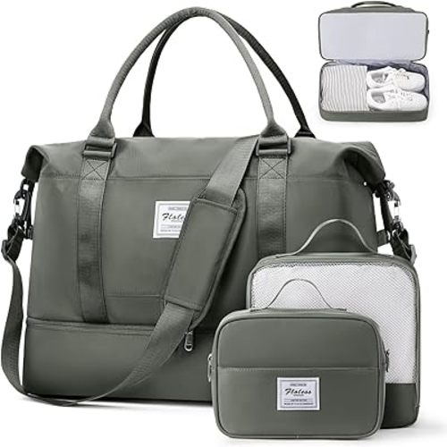Weekender Bags for Women, Travel Duffel Bags with Shoe Compartment & Wet Pocket,Personal Item Travel Bag for Airlines,Carry on Overnight Tote Bag for women,3Pcs Set,Olive Green