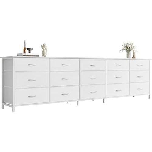 Huuger 78.7 inch Long Dresser for Bedroom, 15 Drawer Fabric Dresser for Closet, Large TV Stand for 65, 75, 85 inch TV, Wide Chest of Drawer with Storage, 78.7" W x 12.9" D x 26.7" H, White