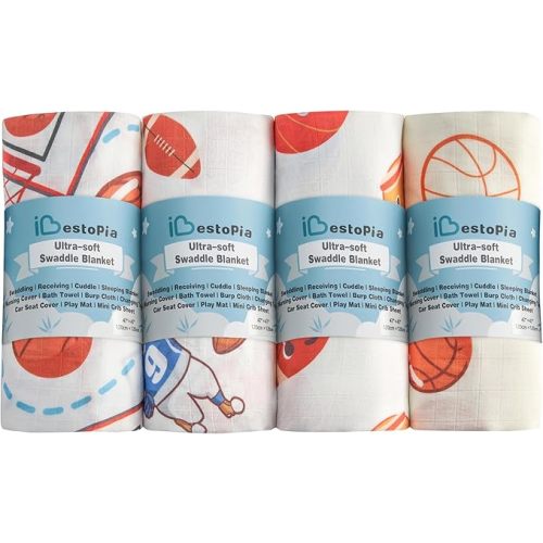 4-Pack Baby Muslin Swaddle Blankets, 47 x 47 Inches Soft Breathable Swaddle Blanket, Lightweight Receiving Blanket for Newborns and Infants, Sports Collection