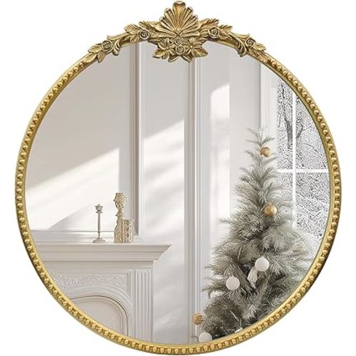 Round Gold Mirror,24inch Baroque Style Vintage Decorative Circle Wall Mirror for Living Room, Bedroom, Bathroom, and Entryway,Antique Gold
