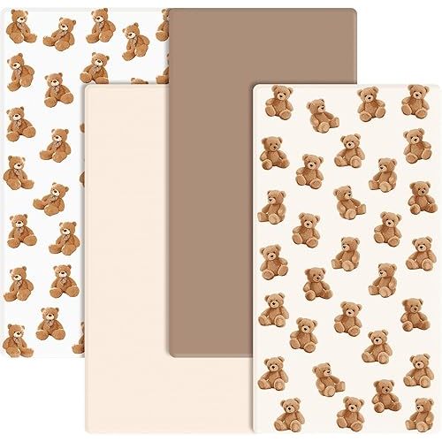 4 Pack Bear Baby Crib Fitted Sheet 52'' x 28'' Bear Stretchy Neutral Fitted Crib Mattress Sheet Baby Bedding for Standard Mattress Gift Set