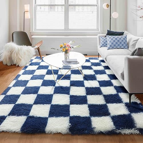 KICMOR Living Room Rug 5x7 Checkered Fluffy Area Rug, Navy Blue and Cream White Fuzzy Shag Shaggy Bedroom Carpets, Soft Plush Indoor Floor Rug for Kids Boys Girls Room Nursery Playroom Home Decor