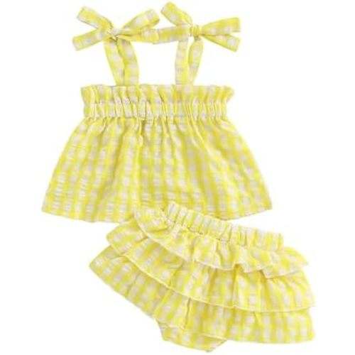 Adobabirl Baby Girl Summer Outfits Plaid Tie-Up Straps Sleeveless Tank Tops Layered Bloomers Shorts Boutique Clothing Set