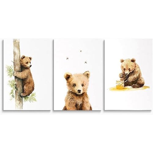 Adorable Bear Cub Nursery Wall Decor, 3 Piece Whimsical Bear Illustrations for Nursery Decor or Children's Room Decor, Baby Bear Funny Prints for Baby Boy Baby Girl, Framed Canvas Set, 12"x16"