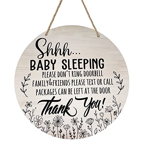 Deroro Baby Sleeping Sign for Front Door, Please Do Not Ring Doorbell Wood Door Hanger for Outdoor Outside Porch Decor, Rustic Wooden Wreath Wall Hanging Decoration for Home