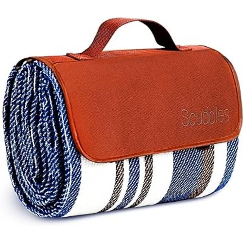 scuddles Extra Large Picnic Blankets Dual Layers Beach Blanket 60 X 60 Water-Resistant Outdoor Picnic Mat Spring Summer Blue and White Striped