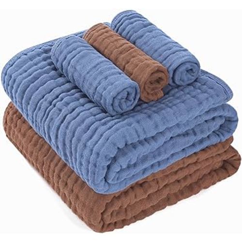 Premium 5-Piece Muslin Baby Towel Set: 43x43 Inches of Gentle Softness & Versatility, Ideal for Baby Girls & Boys' Delicate Skin – A Cozy Coffee & Soothing Blue Choice