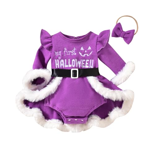 My First Halloween Baby Girl Outfit Pumpkin Romper Dress Long Sleeve Fur Trim Velvet Princess Dresses
