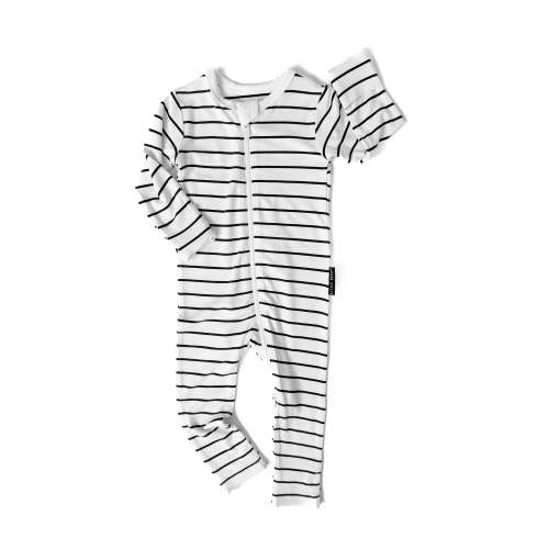LB x Baby Breez Long Sleeve Pinstripe Romper Pajamas - White and Black