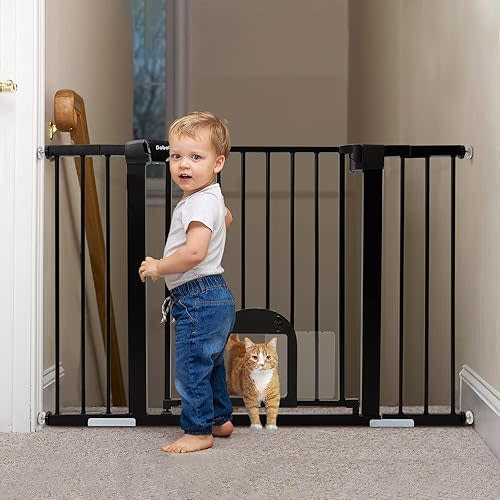 Babelio 29-48" Extra Wide Baby Gate with Adjustable Cat Door, Easy Install Pressure/Hardware Mounted Dog Gates for The House, Auto Close Pet Gate for Stairs, Black