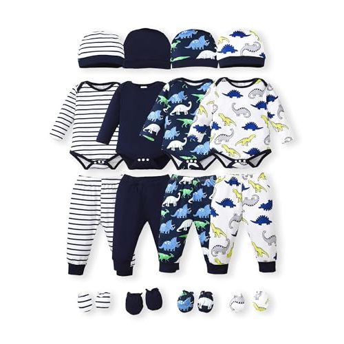 NZRVAWS Newborn Baby Boy Girl Clothes Unisex Infant Romper Pants Set Hat 4-Pack Outfits 0-12 Months 16 Pieces Toddler