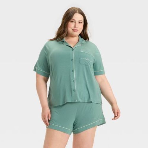 Women's Cloud Knit Short Sleeve Notch Collar Shirt And Shorts Pajama Gift Set - Auden™ Mom/green M