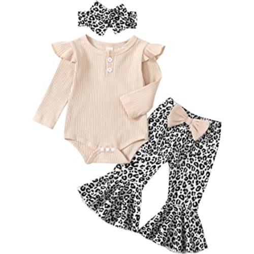 ADXSUN Newborn Baby Girl Clothes Ribbed Ruffled Romper+Striped/Cow/Leopard Flared Pants Infant Outifts 0-18 Months