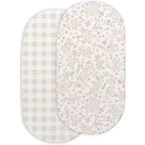 Makemake Organics Organic Cotton Bassinet Sheet (Set of 2) GOTS Certified Organic Bassinet Mattress Cover Fits Hourglass Rectangle Oval - Ultra Soft Breathable (15"x33", Blossom + Plaid)