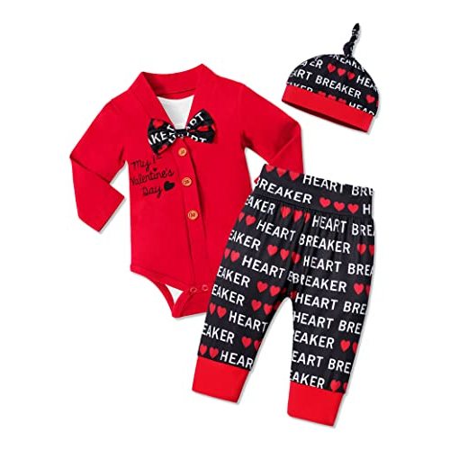 MIGU 4pcs Baby Boy My First Valentines Day Outfit Red Gentleman Bow Tie Romper White Shirt Heart Breaker Hat Pants Gift