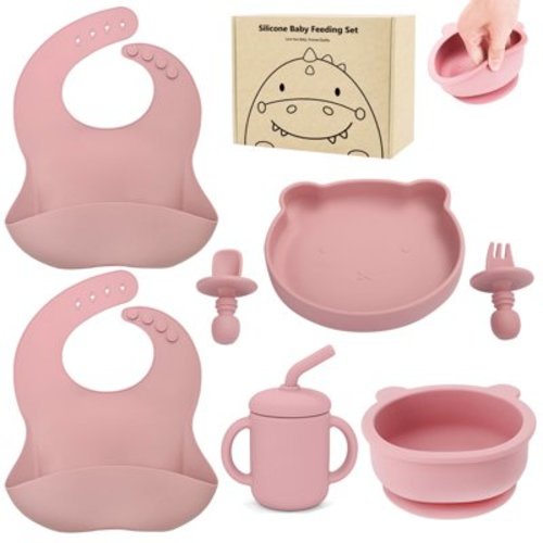 Silicone Baby Feeding Set,Baby Led Weaning Supplies Include Suction Plate & Bowl, Spoon, Fork,Bibs,Sippy Cup, 7-Pcs