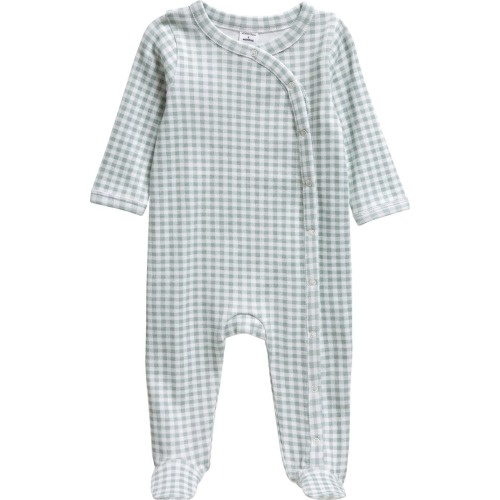 Baby Print Cotton Footie, 3M, Green Mirror Gingham