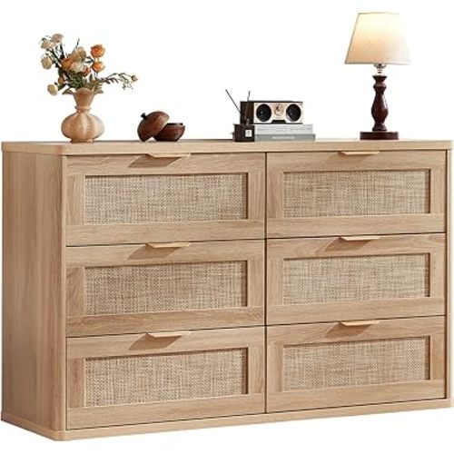LEYAOYAO Rattan 6 Drawer Dresser for Bedroom, Boho 48" Wide Natural Wood Dresser Chest of Drawers, Dressers TV Stand with Metal Handle, Storage Dressers Closet Organizer for Living Room, Hallway