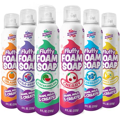 Tub Works® Fluffy Foam Soap, Variety 6 Pack | Shape, Mold & Create Bath Art with Soft Bath Foam for Kids | Gentle, Cleansing Kids Bath Soap | Easy-to-Use Spray Nozzles | Fruity, Fun Bath Colors