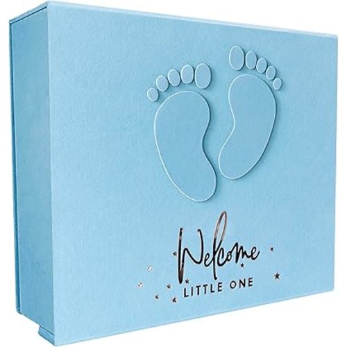 Handmade Baby Memory Book, Scrapbook AND Photo Album with Keepsake Box, Hand & Footprint Kit included, Baby's First Year, Journal, For Newborn 0-12 Months (Teddy Bear Boy, Blue)