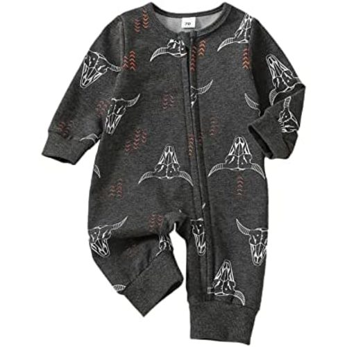 Omkzanbi Western Baby Boy Clothes Newborn Cowboy Jumpsuit Cow Printed Onesie Long Sleeve Bodysuit Fall Winter Outfit