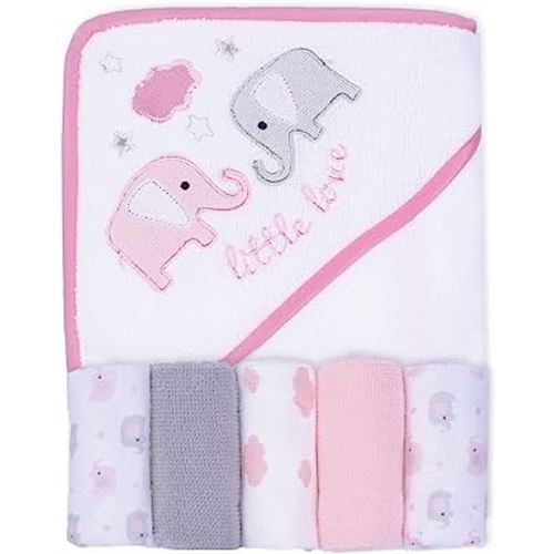 Viviland Baby Towels and Washcloths, Soft Absorbent Pink Baby Bath Towel Set, Elephant Hooded Towels with 5 Infant Face Washcloths (6 pieces)