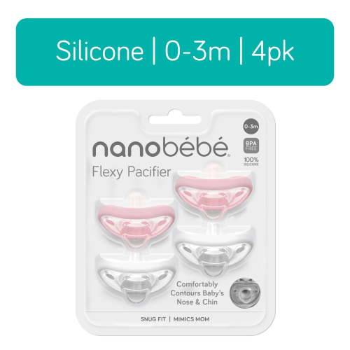 Nanobebe Baby Pacifiers, 0–3 Months, Orthodontic Silicone, Curved Face Contour, for Breastfeeding Babies, 4-Pack, White and Pink