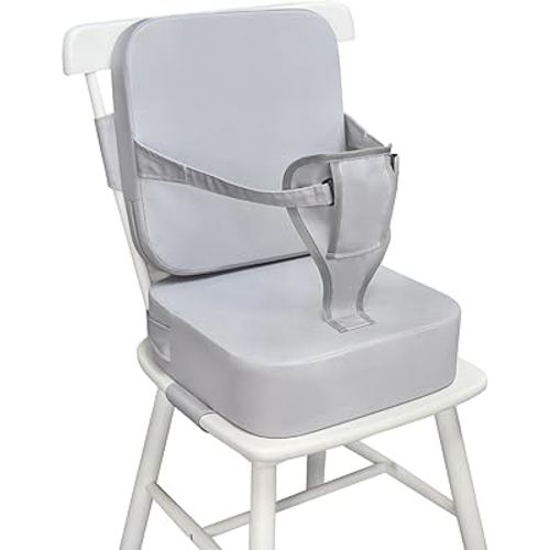 Toddler Booster Seat for Kitchen Chair and Dining Table, Non-Slip Cushion with Backrest, Adjustable Straps, Waterproof and Portable for Travel - Grey