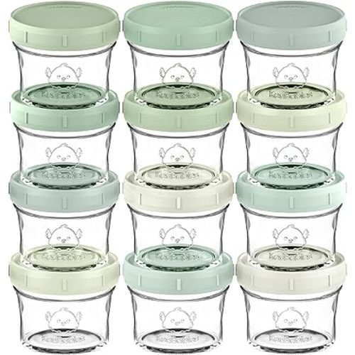 KeaBabies 12pk 4oz Glass Baby Food Containers with Lids - Leak-Proof, Microwavable Small Glass Jars, Baby Purees & Toddler Snack Storage Containers, BPA-Free, Dishwasher & Freezer Safe (Sage)